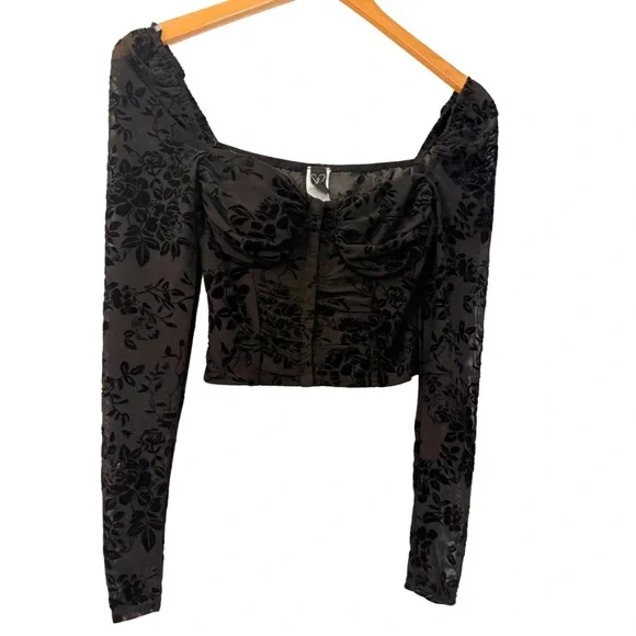 Windsor Womens Long-Sleeve Black Velvet Bustier Crop Top, Size Small - Picture 3 of 12
